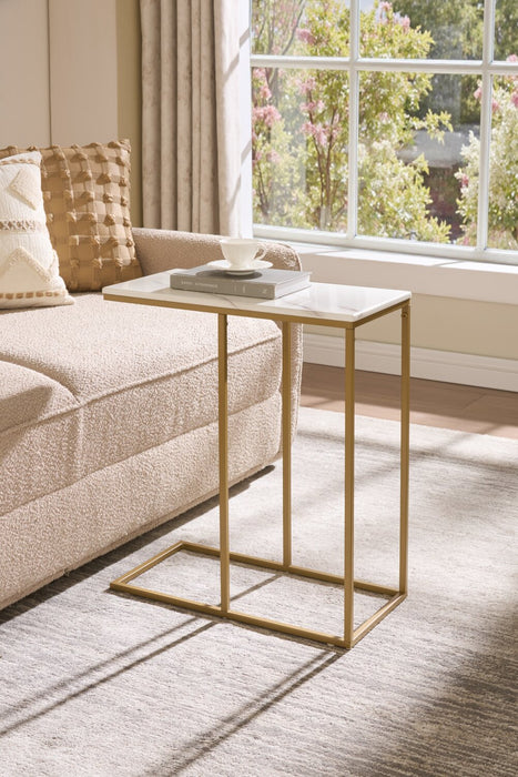 Voss 20\" Accent Table with Marble-Look Top – White & Gold 