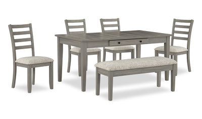 Cove 6pc Dining Table Set with Table, Bench & 4 Chairs, Storage Drawers, Melamine, 66"W - Grey | Ensemble de salle à manger Cove 6 pièces en mélamine avec table de 66 po (L), tiroirs de rangement, banc et 4 chaises - gris