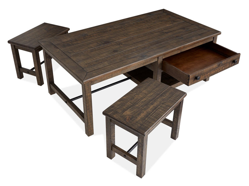 Edwin 52” Country Pine Coffee Table with Storage and Stools - Homestead Brown