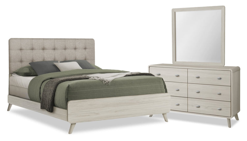 Cami 5pc Bedroom Set with Bed, Dresser & Mirror, Mid-Century Modern, Grey Oak - Queen Size