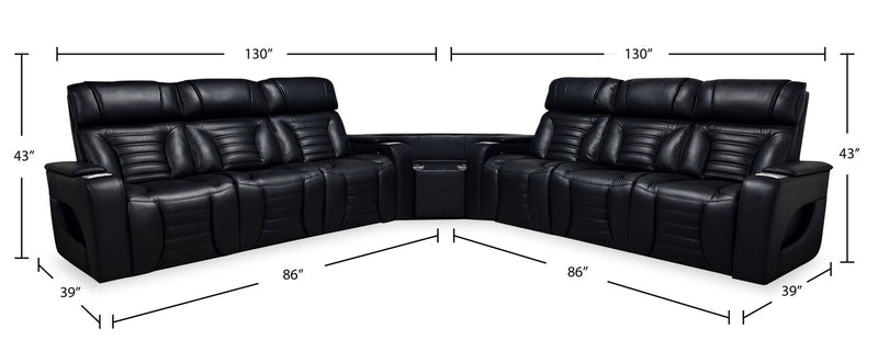 Zen 3-Piece Faux Leather Power Reclining Sectional with Massage and Two Drop-Down Consoles - Black