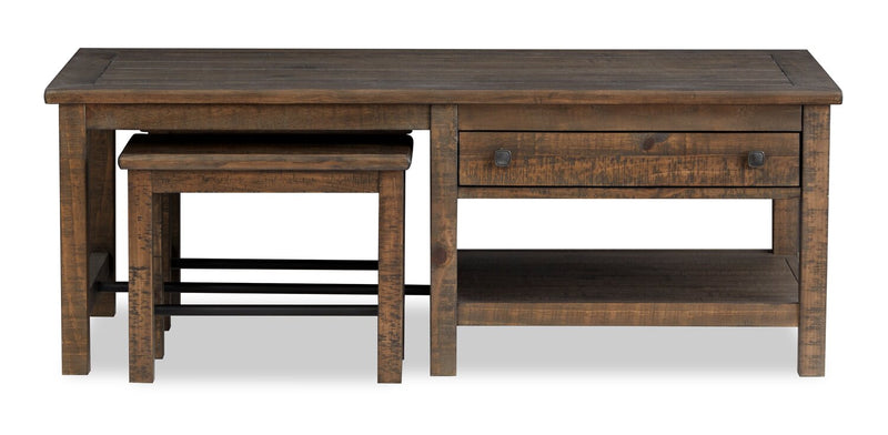 Edwin 52” Country Pine Coffee Table with Storage and Stools - Homestead Brown