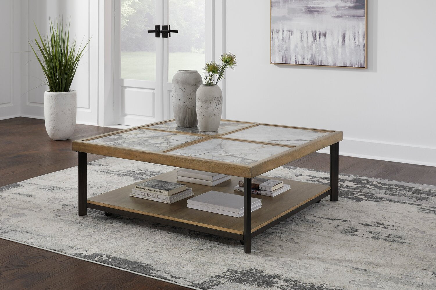 Marina 48” Contemporary Coffee Table with Stone Tiles, Shelf and