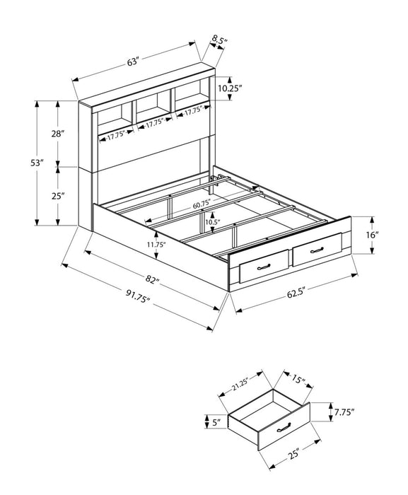 Ethan Storage Bed with Bookcase Headboard, Rustic Brown - Queen Size