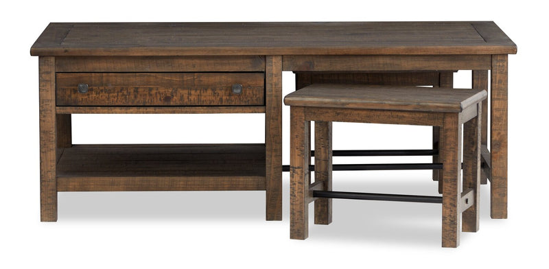 Edwin 52” Country Pine Coffee Table with Storage and Stools - Homestead Brown
