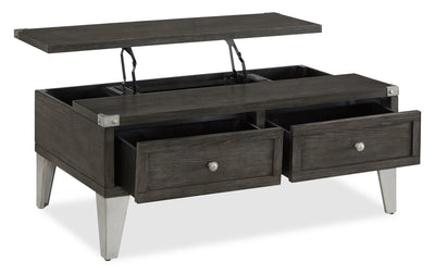 London 42" Industrial Coffee Table – Grey Wood Finish and Silvery Metal Legs | Table à café industrielle London de 42 po - fini en bois gris et pattes en métal argenté  | LONDOCTB