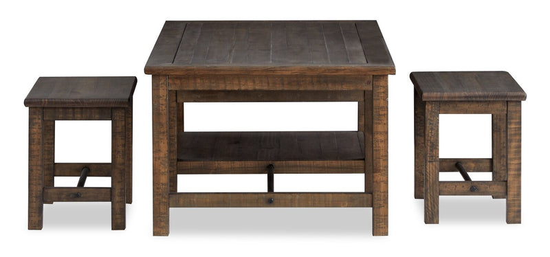 Edwin 52” Country Pine Coffee Table with Storage and Stools - Homestead Brown