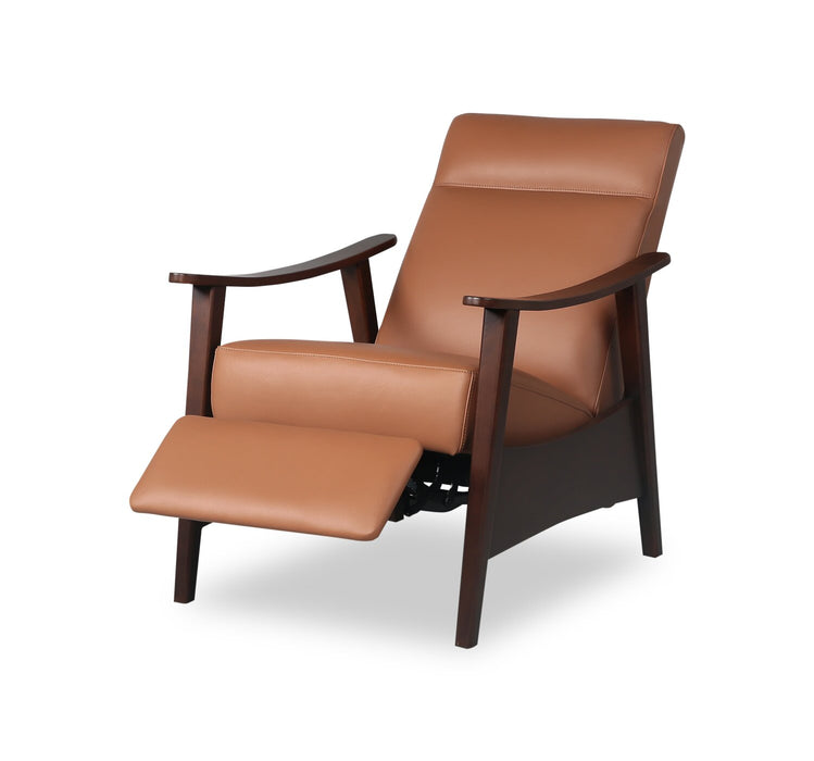 Aydin 27.5\" Genuine Leather Pushback Reclining Accent Chair with Wood Armrests and Legs - Camel Orange
