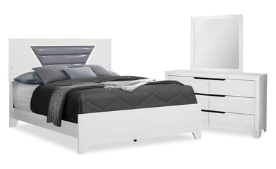 Elite 5pc Bedroom Set with Bed, Dresser & Mirror, LED, Modern, White - Queen Size | Ensemble de chambre à coucher moderne Elite blanc 5 pièces avec lit, commode, miroir et éclairage à DEL - format grand lit