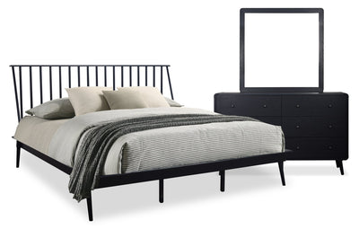 Milan 5pc Bedroom Set with Bed, Dresser & Mirror, Mid-Century Modern, Black - King Size | Ensemble de chambre à coucher Milan 5 pièces de style moderne du milieu du 20e siècle avec lit, commode et miroir, noir - format très grand lit