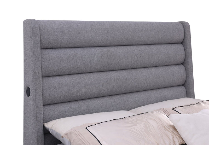 Jade Upholstered Platform Bed with USB Ports in Grey Fabric - Queen Size