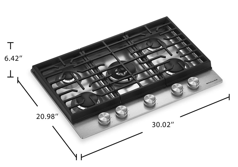 KitchenAid 30\" Gas-on-Metal Cooktop with Integrated Wok Grates – Stainless Steel - KCGK530SSS