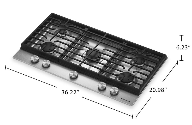 KitchenAid 36\" Gas-on-Metal Cooktop with Cast-Iron Grates – Stainless Steel - KCGK336SSS