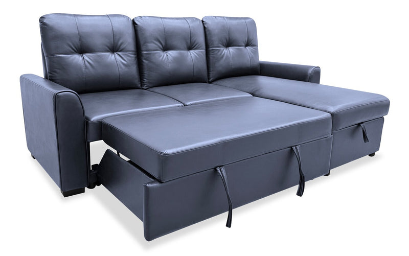 Carter 2-Piece Right-Facing Leather-Look Fabric Sleeper Sectional with Storage Chaise - Black
