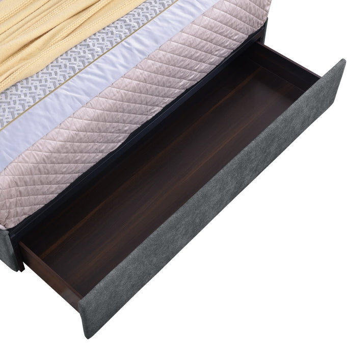 Amos Upholstered Storage Bed in Charcoal Fabric with Channelled Headboard & 3 Built-in Drawers - Queen Size