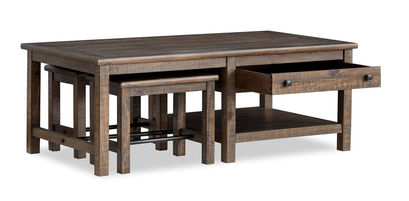 Edwin 52” Country Pine Coffee Table with Storage and Stools - Homestead Brown