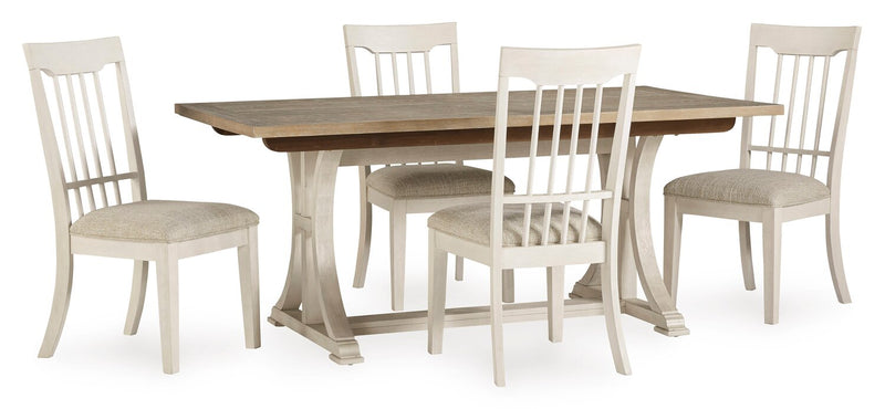 Quill Dining Table with Trestle Base, 72-90\"W - Antique White & Brown