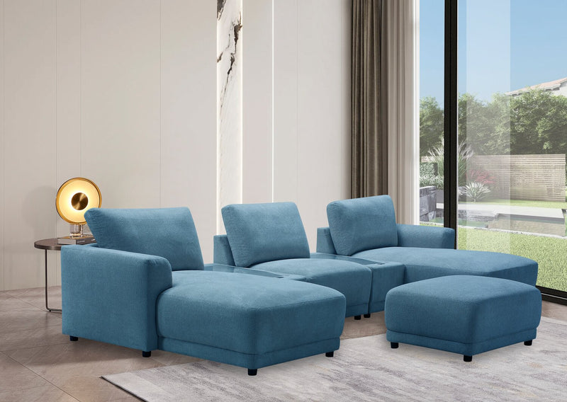 Voyage Modular 6-Piece Left-Facing Fabric Sectional with Console and Ottoman – Blue