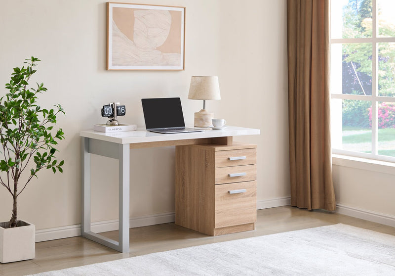 Oscar 47\" Reversible Office Desk with Storage – Faux White Marble and Weathered White