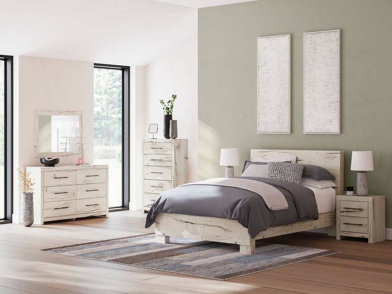 Derekson Panel Bed with Headboard & Frame, Rustic White - Queen Size