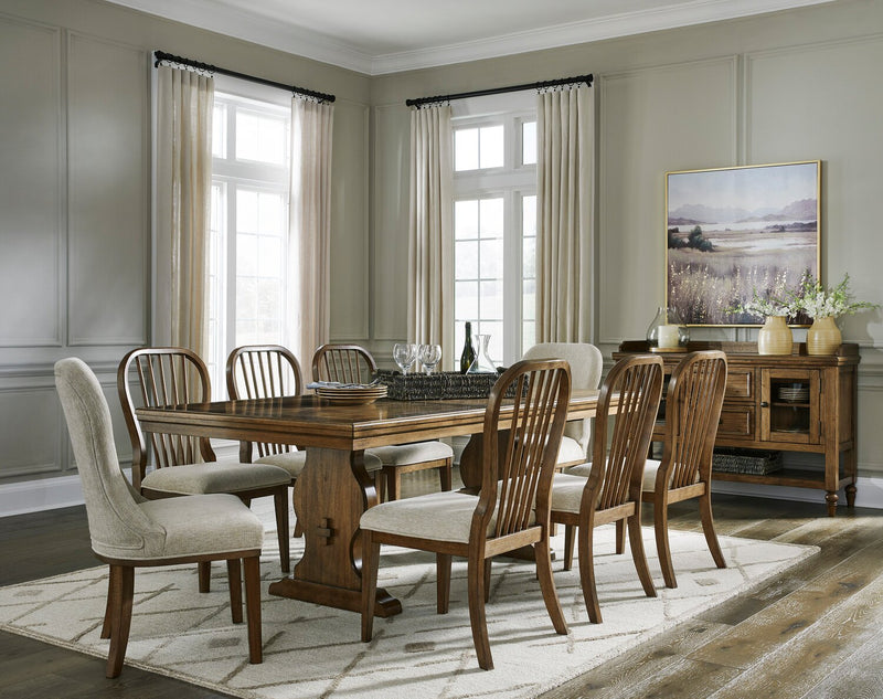 Clara Dining Table with 68-86\"W Extension, Trestle Base - Brown