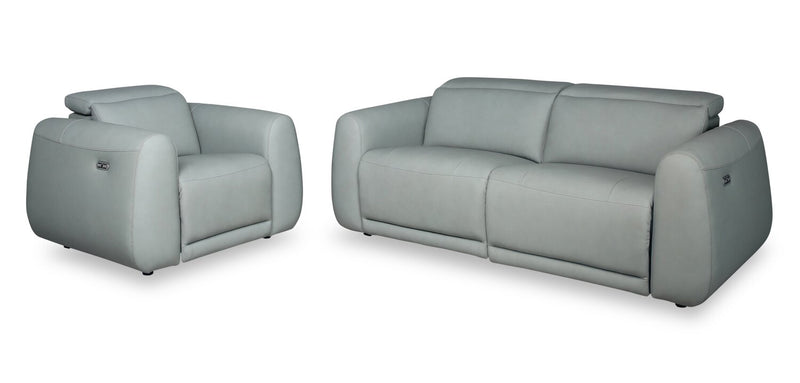 Gianna 76\" Genuine Leather Power Reclining Sofa with Power Headrests and USB Ports - Spa Blue