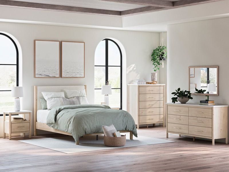 Jolie 6pc Bedroom Set with Bed, Dresser, Mirror & Nightstand, Boucle Fabric, Natural - Full Size