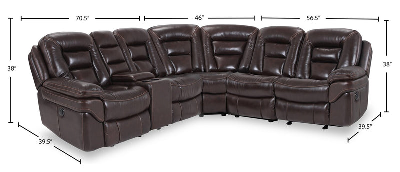 Leo 6-Piece Genuine Leather Power Reclining Sectional with Storage Console and Dual Cupholders - Walnut Brown