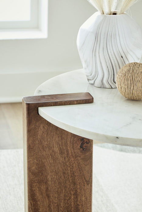 Merlin 22” Round Solid Wood and Marble End Table - White and Brown