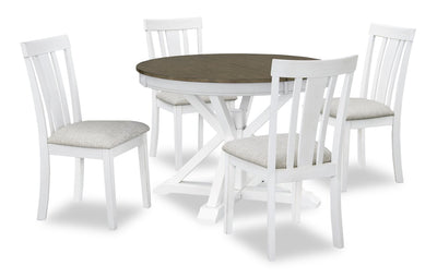 Brook 5pc Dining Set with Table & 4 Chairs, 42-54"W Extension, Round - White/Brown | Ensemble de salle à manger Brook 5 pièces avec table ronde, rallonge de 42 po à 54 po (L) et 4 chaises - blanc et brun