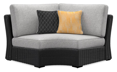 Jasper Outdoor Patio Corner Chair - Resin Wicker, Nuvella Fabric, UV & Weather Resistant - Grey/Black | Fauteuil en coin Jasper pour la terrasse à l’extérieur - osier en résine, tissu Nuvella, résistant aux rayons UV et aux intempéries - gris et noir