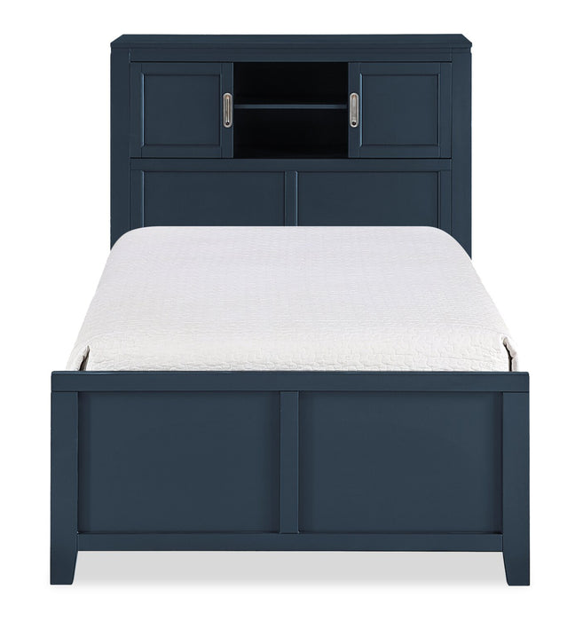 Quinn Platform Bed with Bookcase Headboard, Built-in Desk & Stool, Blue - Twin Size