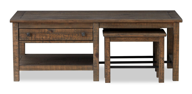 Edwin 52” Country Pine Coffee Table with Storage and Stools - Homestead Brown