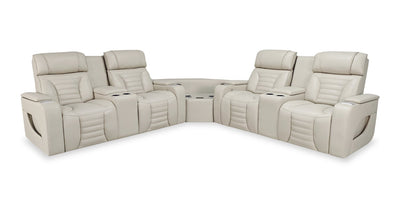 Zen 3-Piece Leather-Look Fabric Power Reclining Sectional with Massage and Two Refrigerator Consoles - Apricot | Sofa sectionnel à inclinaison électrique Zen 3 pièces en similicuir avec massage et 2 consoles avec réfrigérateur - abricot