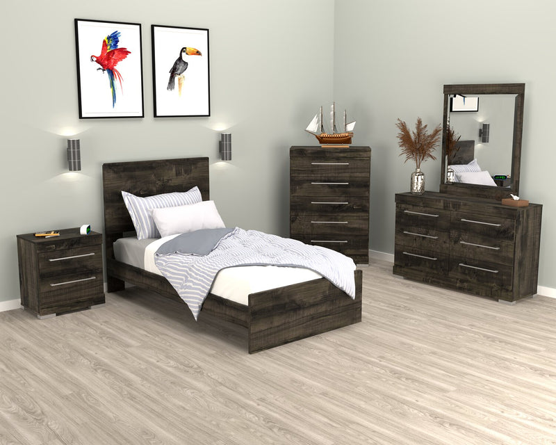 Riley 5pc Bedroom Set with Panel Bed, Dresser & Mirror, Made in Canada, Grey - Twin Size