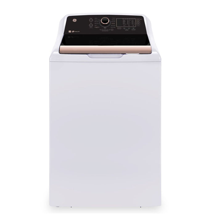 GE 5.3 Cu. Ft. Top Load Washer and 7.4 Cu. Ft. Electric Dryer - White and Rose Gold 