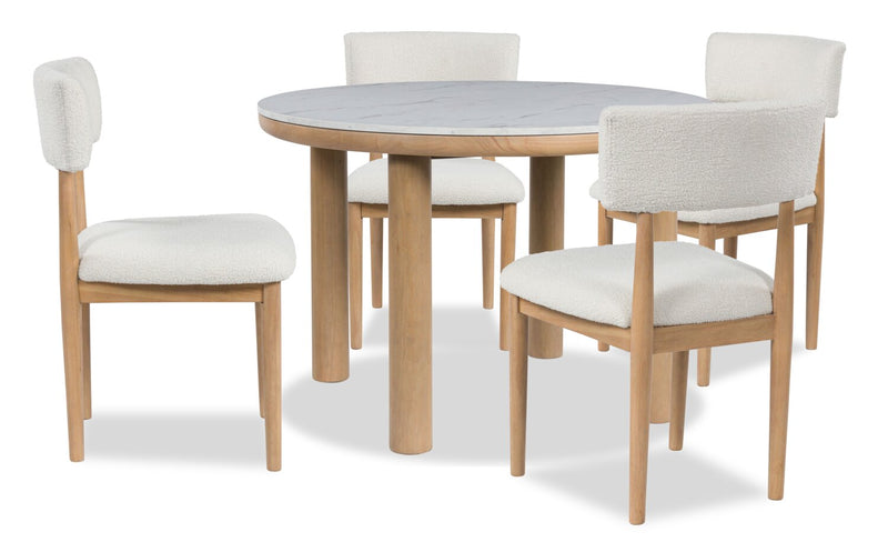 Jolie 5pc Dining Set with Table & 4 Chairs, Marble-Look Top, Melamine, 45\"W Round - White & Oak Brown