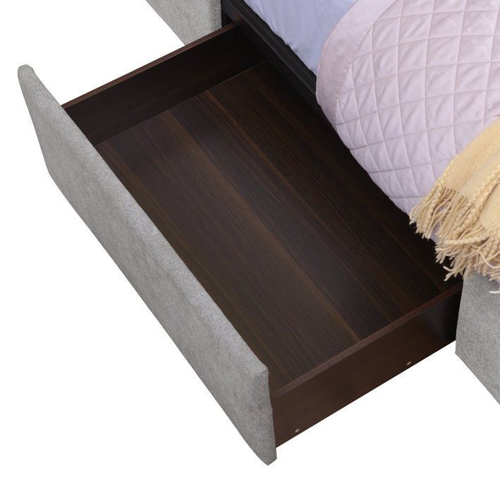 Amos Upholstered Storage Bed in Grey Fabric with Channelled Headboard & 3 Built-in Drawers - Queen Size