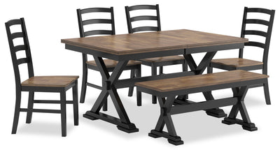 Raven 6pc Dining Package with 60-78"W Extension Table, Bench & 4 Chairs - Two-Tone Black & Brown | Ensemble de salle à manger Raven 6 pièces avec table à rallonge, 60 po à 78 po (L), banc et 4 chaises - deux teintes, noir et brun