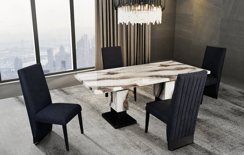 Vega Dining Table, Marble Look, Pedestal Base, 82\"W - Black & White