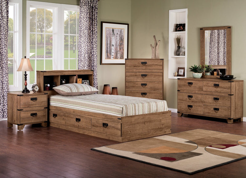 Driftwood Mates Bed 6pc Set with Storage Headboard, Dresser, Mirror & Nightstand, Brown - Twin Size