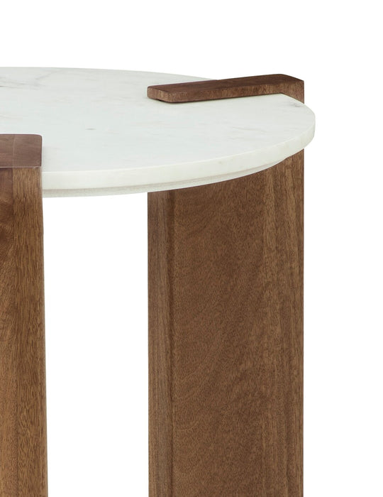 Merlin 22” Round Solid Wood and Marble End Table - White and Brown