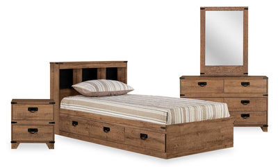 Driftwood Mates Bed 6pc Set with Storage Headboard, Dresser, Mirror & Nightstand, Brown - Twin Size | Ensemble lit matelot Driftwood 6 pièces avec tête de lit de rangement, commode, miroir et table de nui, brun - format lit simple