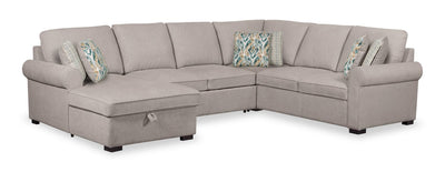 Scott Living Haven 4-Piece Left-Facing Chenille Fabric Sleeper Sectional with Storage Chaise - Grey | Sofa-lit sectionnel de gauche Haven de Scott Living 4 pièces en tissu de chenille avec fauteuil long de rangement - gris