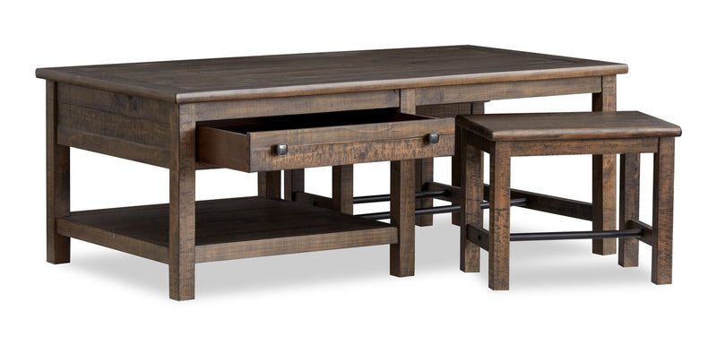 Edwin 52” Country Pine Coffee Table with Storage and Stools - Homestead Brown