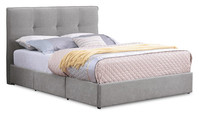 Amos Upholstered Storage Bed in Grey Fabric with Tufted Headboard & 3 Built-in Drawers - King Size | Lit de rangement Amos rembourré en tissu gris avec tête de lit capitonnée et 3 tiroirs intégrés - format très grand lit