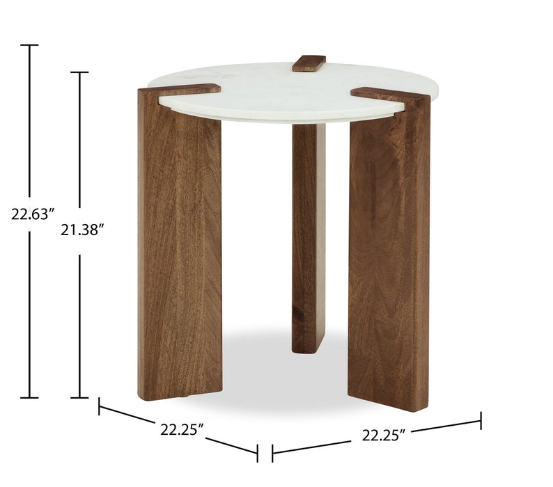Merlin 22” Round Solid Wood and Marble End Table - White and Brown