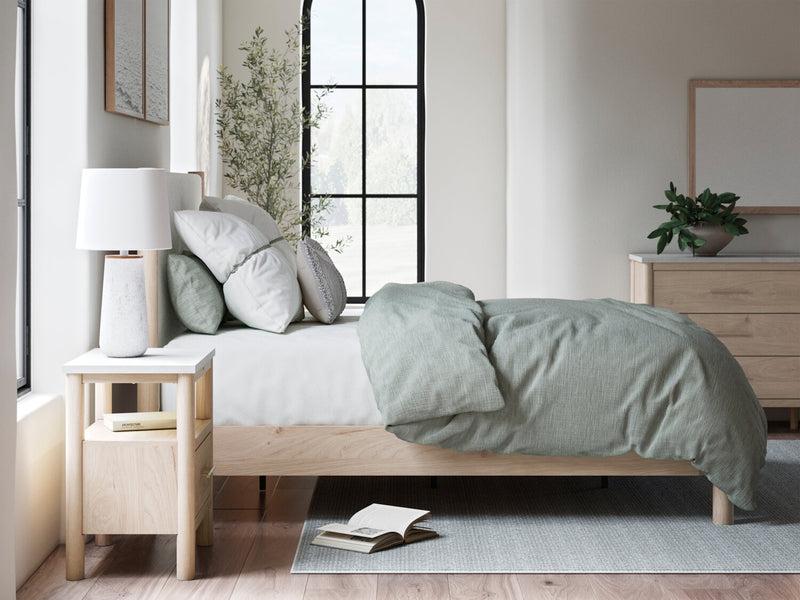 Jolie Panel Bed with Headboard & Frame, Boucle Fabric, White & Natural - Queen Size