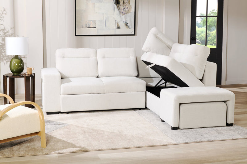Primo Coast 3-Piece Right-Facing Ivory White Fabric Sleeper Sectional with Storage Chaise and Storage Armrest