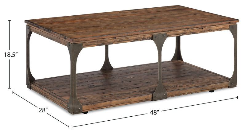 Albany 48” Industrial Pine Coffee Table with Shelf and Casters - Bourbon
